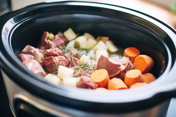 slow cooker filled with beef bourguignon ingredients