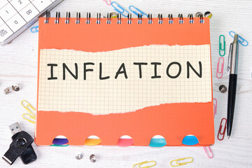 Inflation word is written on a sheet in a cage lying on a notebook on the table next to stationery