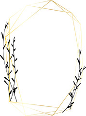 Gold geometric frame with floral illustration on transparent background.