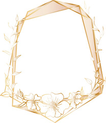 Gold geometric frame with floral illustration on transparent background.