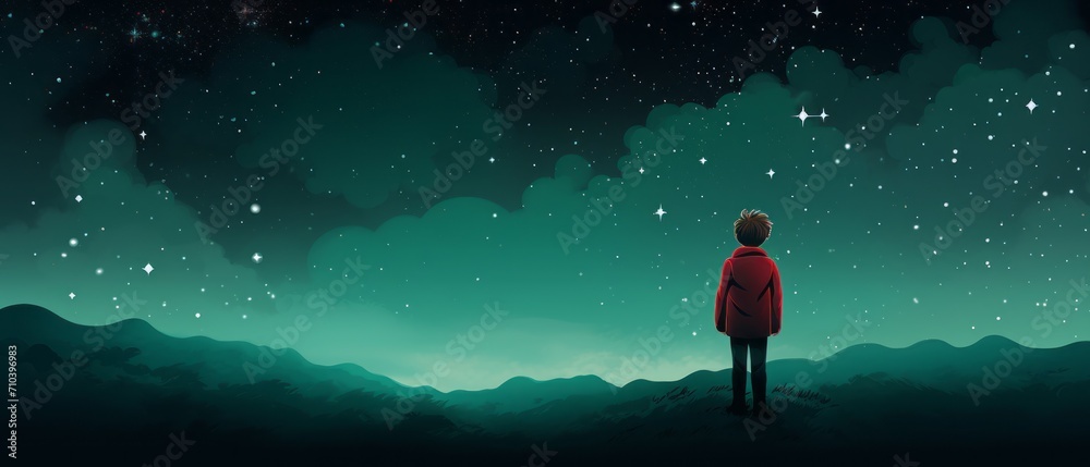 Wall mural enchanting night dreams: lonely boy in red jacket gazing at starry sky - illustration with copy spac