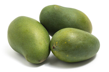 Three fresh organic green mango delicious fruit side view isolated on white background clipping path