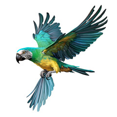 Gracefully flying parrot isolated on transparent background