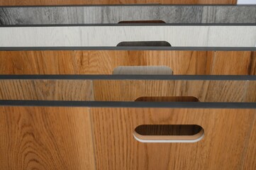 Sample parquet boards in hardware store, in home improvement warehouse exterior