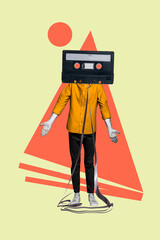 Creative vertical collage standing young man despair feeling confused vintage cassette instead head...