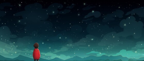 Enchanting night dreams: lonely boy in red jacket gazing at starry sky - illustration with copy space