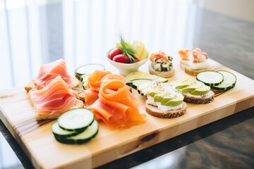bagels with various cream cheeses, smoked salmon, and cucumber slices