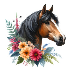 Horse head. Portrait. Brown Horse. Flowers. Watercolor. Isolated illustration on a white background. Banner. Close-up. Generative AI