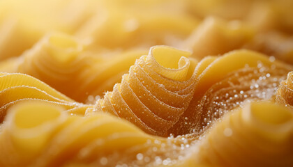 Golden lit rolls of fettuccine pasta with light flour dusting, AI generated