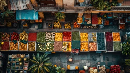 Foto op Plexiglas Top-Down View of a Tech-Enabled Urban Farmers Market, a tapestry of colors and activity in the morning glow © Татьяна Креминская