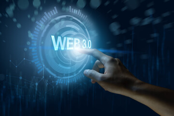Web 3.0 concept image with businessman hand show web 3.0 with globe. Technology global network, Blockchain Future Technology, Global Futuristic, website internet development, global business.