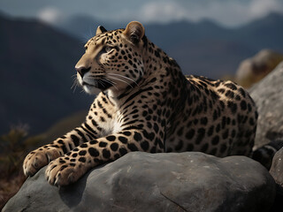 Highland Majesty Panthera Pardus Tulliana Amidst Rocks, Realistic Landscape with Cinematic Light and High Contrast






