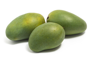 Three fresh organic green mango delicious fruit side view isolated on white background clipping path
