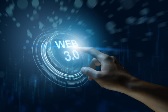 Web 3.0 concept image with businessman hand show web 3.0 with globe. Technology global network, Blockchain Future Technology, Global Futuristic, website internet development, global business.
