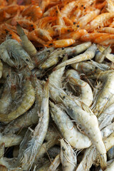Close up Fresh and raw prawn shrimp displayed on stall market shelf