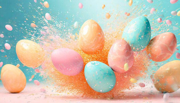 Easter eggs explosion pastel colored, peach colors