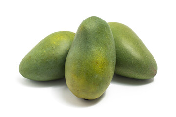 Three fresh organic green mango delicious fruit side view isolated on white background clipping path