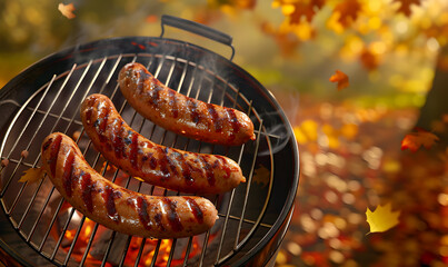 Grilled sausages on the grill in the autumn park. Picnic in the forest. Edited AI illustration. - obrazy, fototapety, plakaty