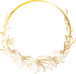 Golden flower wreath illustration on transparent background.
