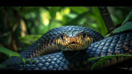Fototapeta premium Striking king cobra, poised and ready to strike in the heart of the dense jungle