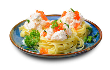 Pasta Nests with Salmon, Creamy Sauce and Red Caviar on a Plate on White Background