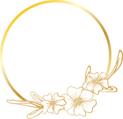 Golden flower wreath illustration on transparent background.
