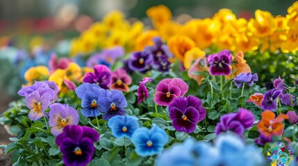 The cheerful and multi-colored pansies adorning garden beds