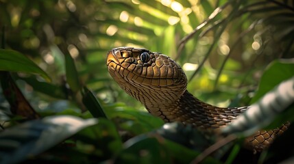 Fototapeta premium Striking king cobra, poised and ready to strike in the heart of the dense jungle