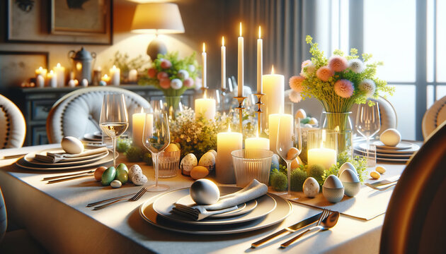 Elegante Ostertafel mit Kerzen und Fr&uuml;hlingsdeko