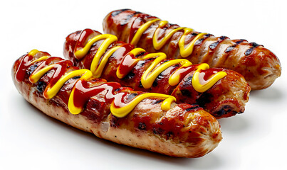 Grilled sausages with mustard and ketchup. Isolated illustration.