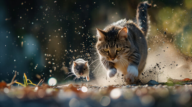 Cat chasing a mouse, dynamic action, front view, blurred background