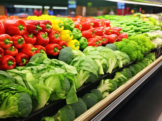 Vibrant supermarket in the vegetable section, background with copy space. Rows of neatly arranged fresh produce are on display: crisp green lettuces, red tomatoes, shiny bell peppers