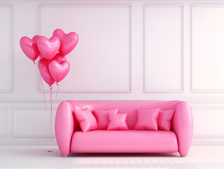 Stylish pink sofa with pink balloons in a bright minimalist interior. Living room interior details, romantic interior design.