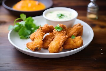breaded wings with dipping sauce and parsley