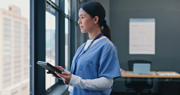 Window, tablet and doctor thinking in hospital for online consulting, telehealth and wellness app. Woman, healthcare medicine or nurse with ideas for internet tips, medical research or patient data