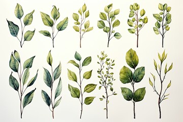 Botanical set of green leaves and branches. Watercolor