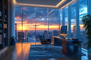 interior of hotel.. Elevated Work: Modern Home Office with a Skyline View