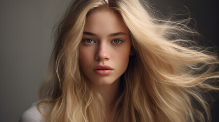 Fototapeta premium Portrait of Contemplation: Young Female Model with Blond Long Hair Radiating Awareness and Sensibility