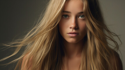 Obraz premium Portrait of Contemplation: Young Female Model with Blond Long Hair Radiating Awareness and Sensibility