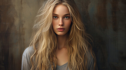 Portrait of Contemplation: Young Female Model with Blond Long Hair Radiating Awareness and Sensibility
