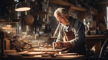 Old craftsman in his workshop, surrounded by tools and works-in-progress. carpenter at wood workshop