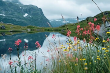 Obraz premium Wildflowers Blooming in Front of Mountain Lake