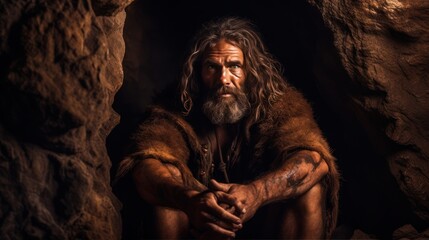 Fototapeta na wymiar Neanderthal man, prehistoric human, tribal caveman in a dark cave, hunter from prehistoric era