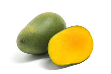 Half cut and whole fresh organic green mango delicious fruit side view isolated on white background clipping path