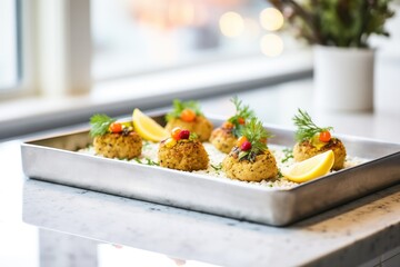 mini crab cakes as finger food on a silver serving tray