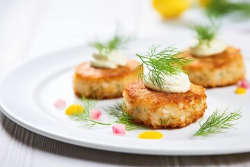 crab cakes on white plate with lemon and dill garnish