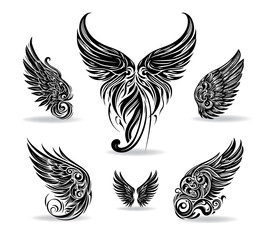 Collection of vector wings the style of engraving
