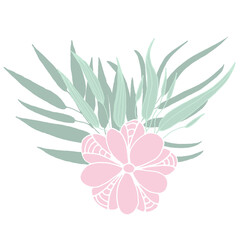 Decorative pink flower with green leaves in flat doodle style. Pastel colors flower and leaves vector for design. Composition of plant element. Isolated on white background.