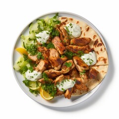 Mediterranean delight Char-grilled chicken shawarma with vibrant veggies and tangy garlic sauce. chicken shawarma on a bed of crisp greens, paired with soft pita. a feast for the senses.