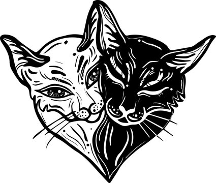 Tattoo art style illustration. Couple of cats in love sitting together shaped like a heart